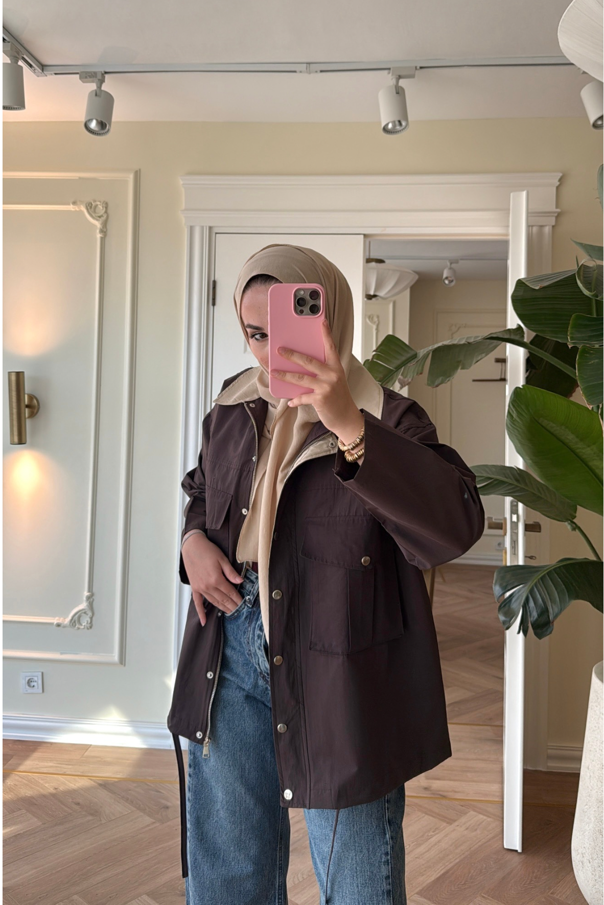 Mng Kontrast Yakalı Premium Oversize Ceket-Kahve-4680