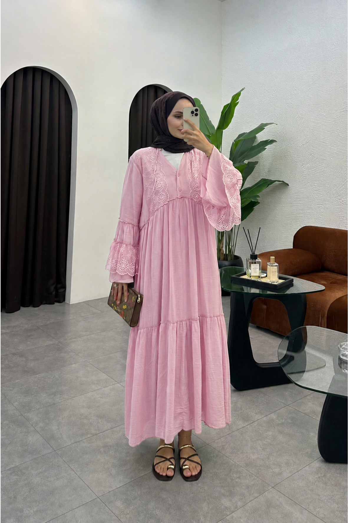 Monila Dantel Detaylı Premium Elbise-pembe -mnl-250