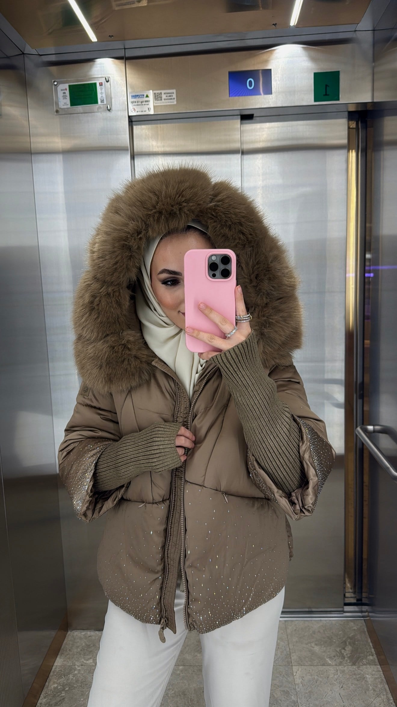 Naila İthal Taşlı Kürk Detaylı Premium Mont Vizon-21077