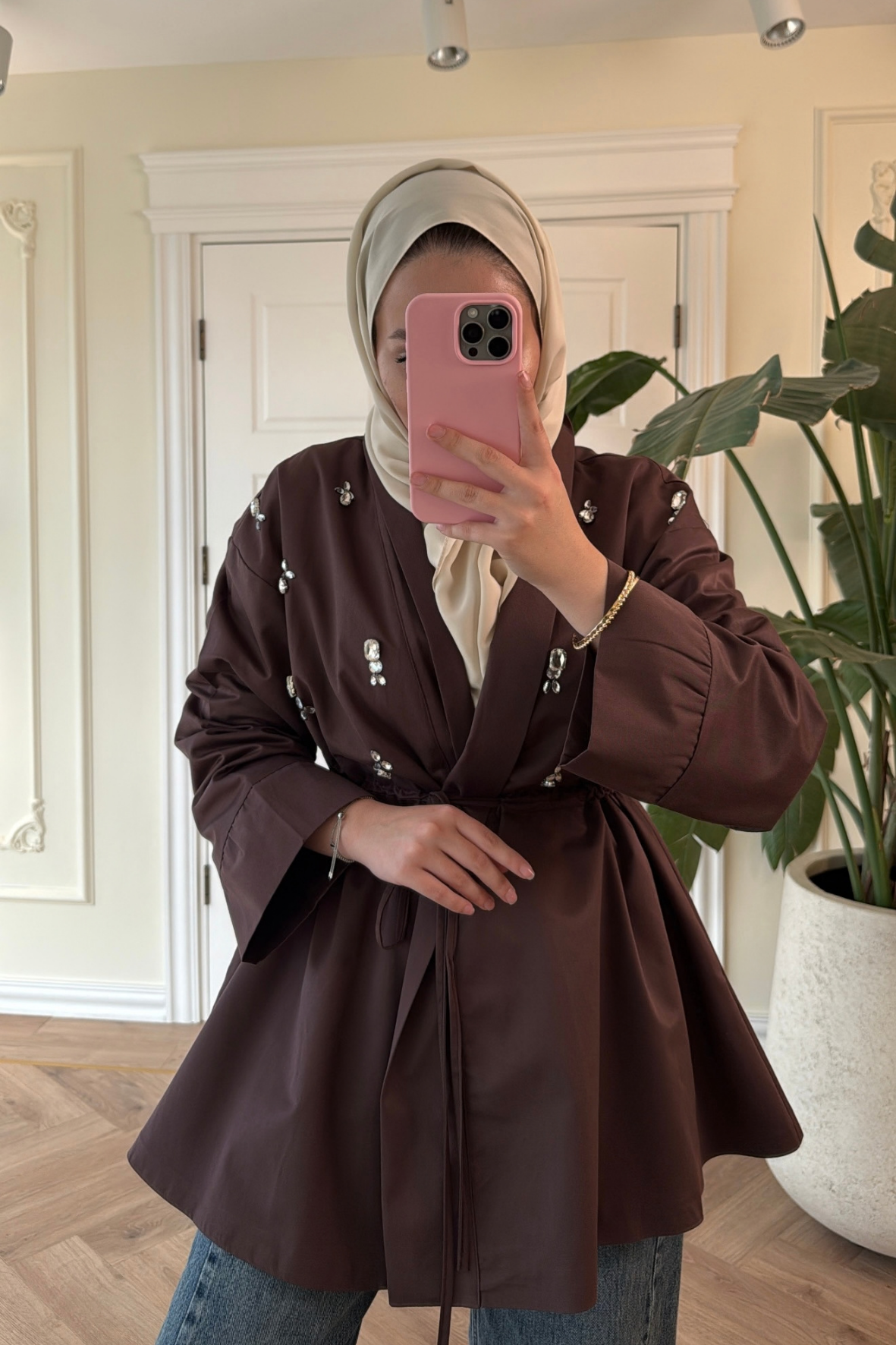 Nera-Taşlı Bel Büzgülü trençkot-Kahve-8489