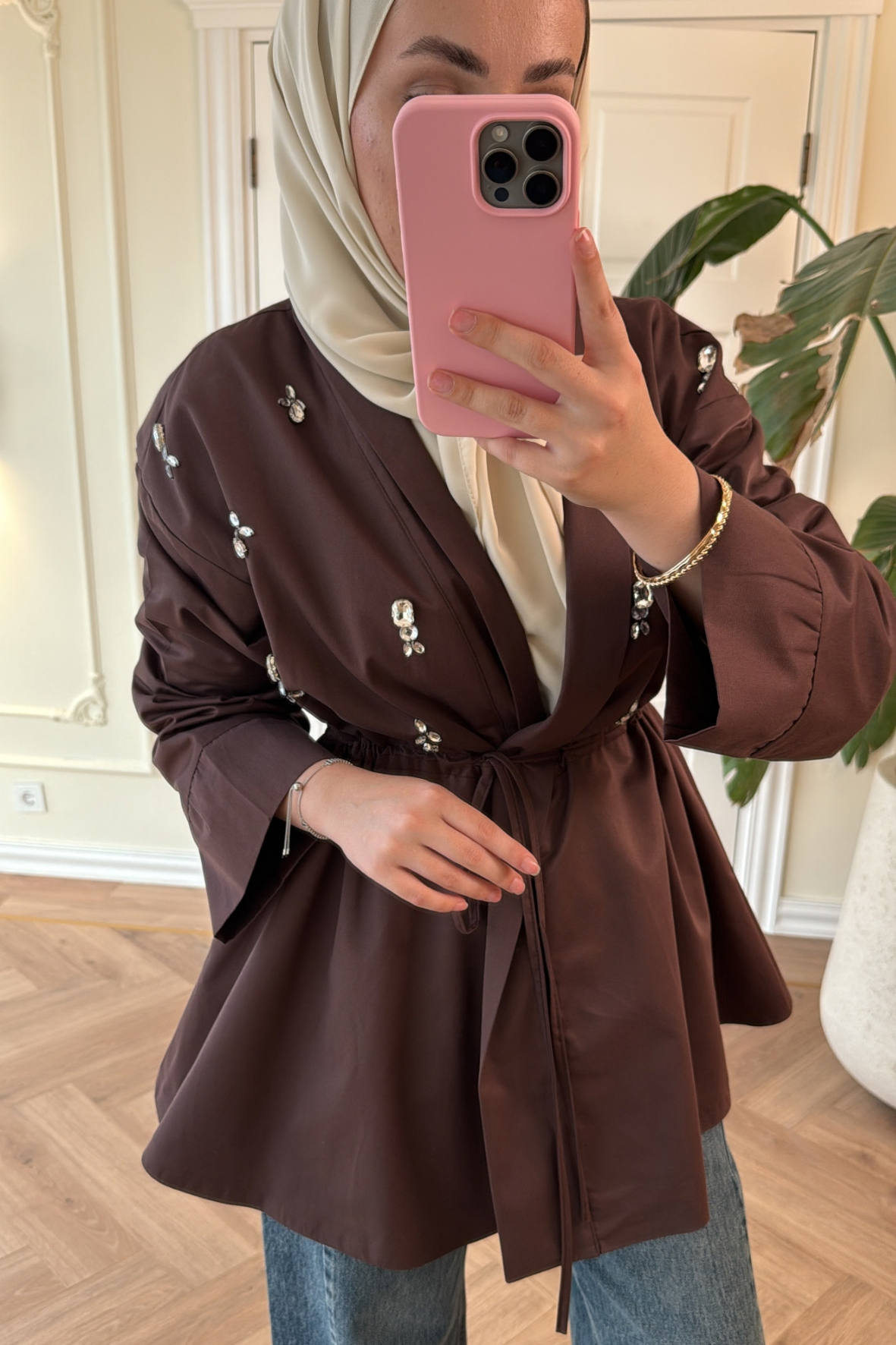 Nera-Taşlı Bel Büzgülü trençkot-Kahve-8489