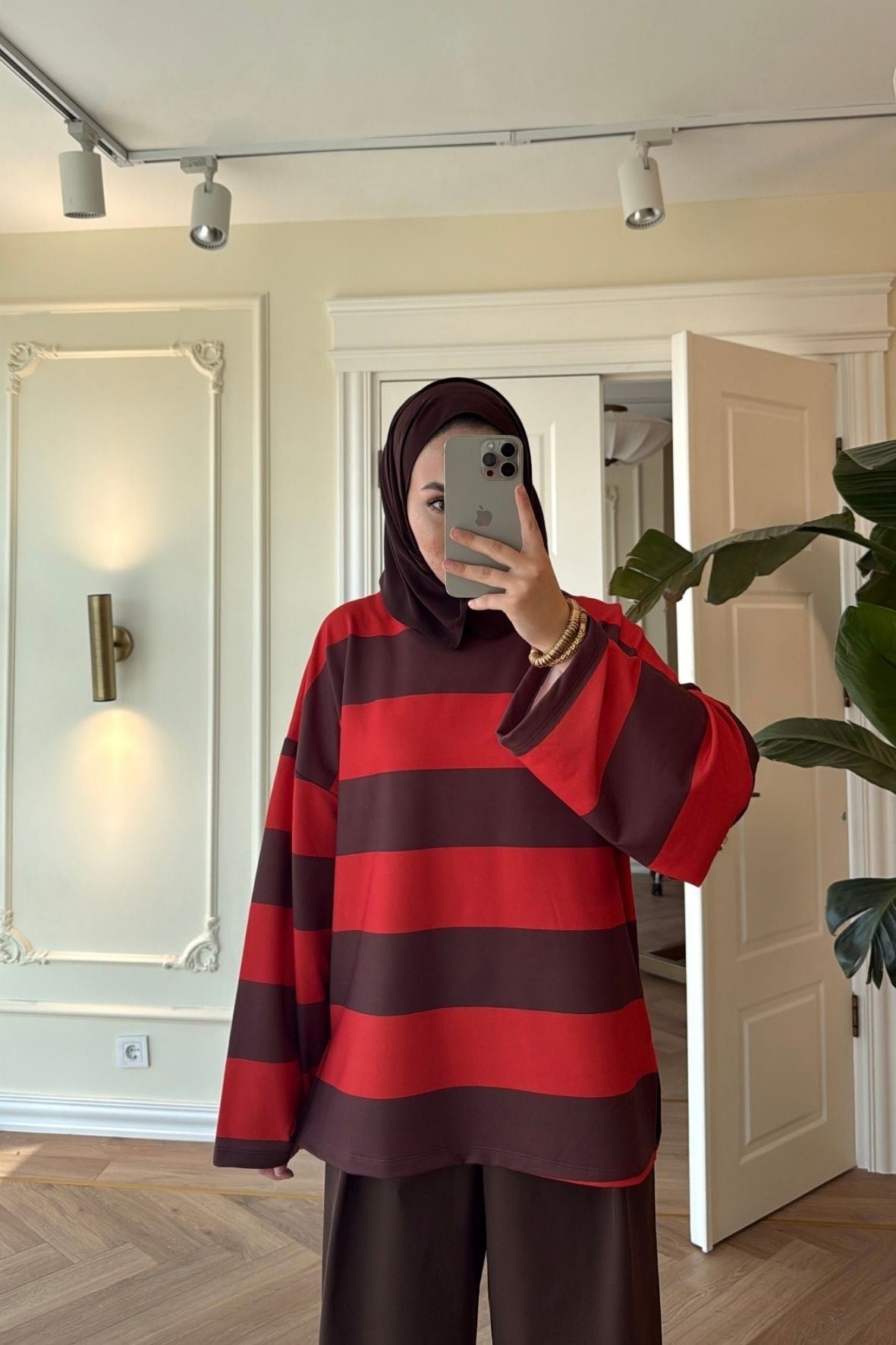 Nevra Çizgili Basic Sweatshirt-Kahve -5587