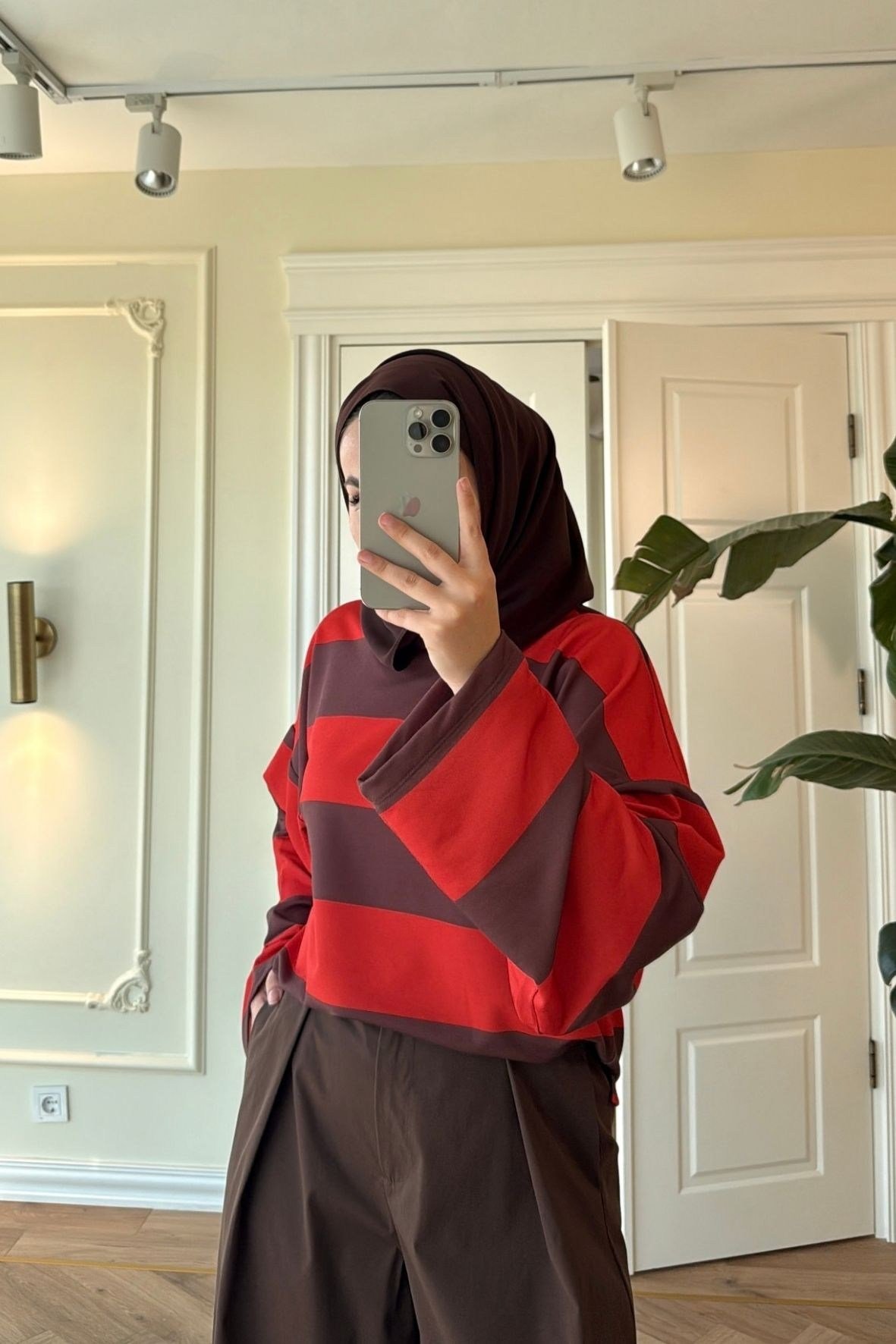 Nevra Çizgili Basic Sweatshirt-Kahve -5587