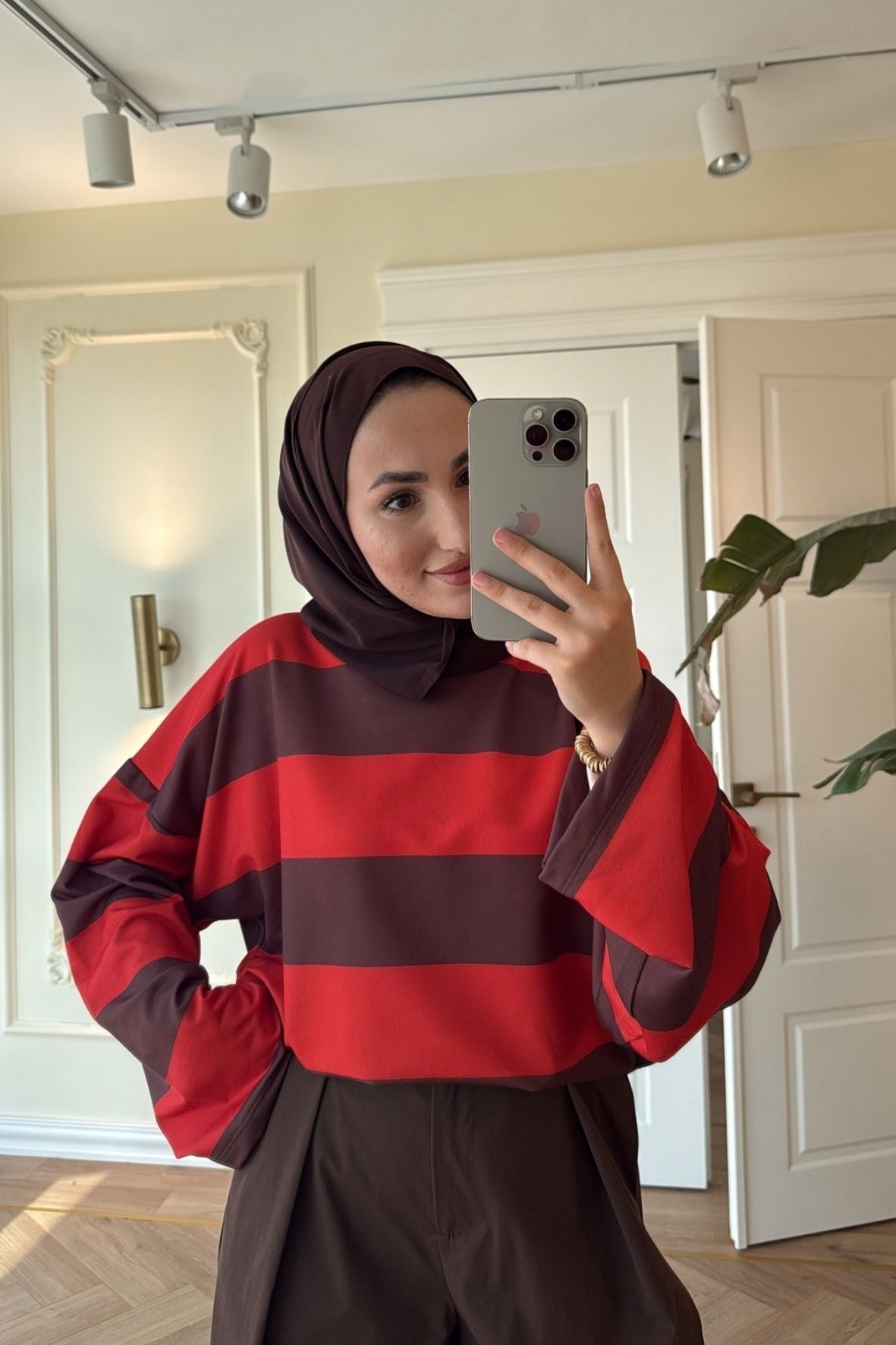 Nevra Çizgili Basic Sweatshirt-Kahve -5587