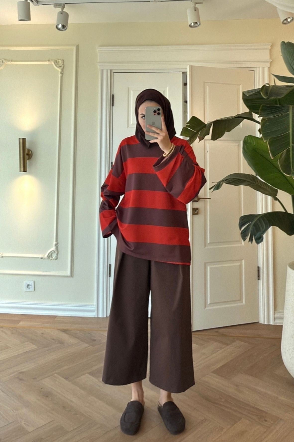 Nevra Çizgili Basic Sweatshirt-Kahve -5587