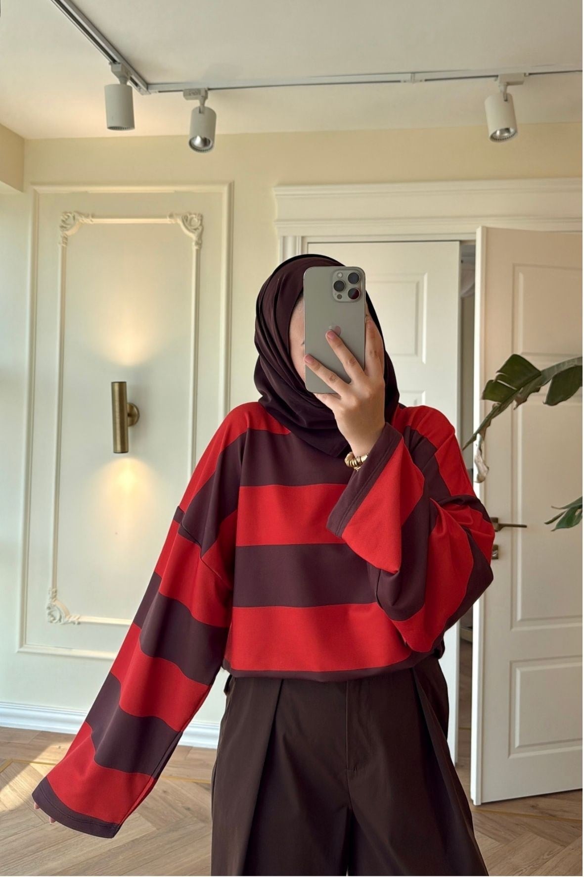 Nevra Çizgili Basic Sweatshirt-Kahve -5587