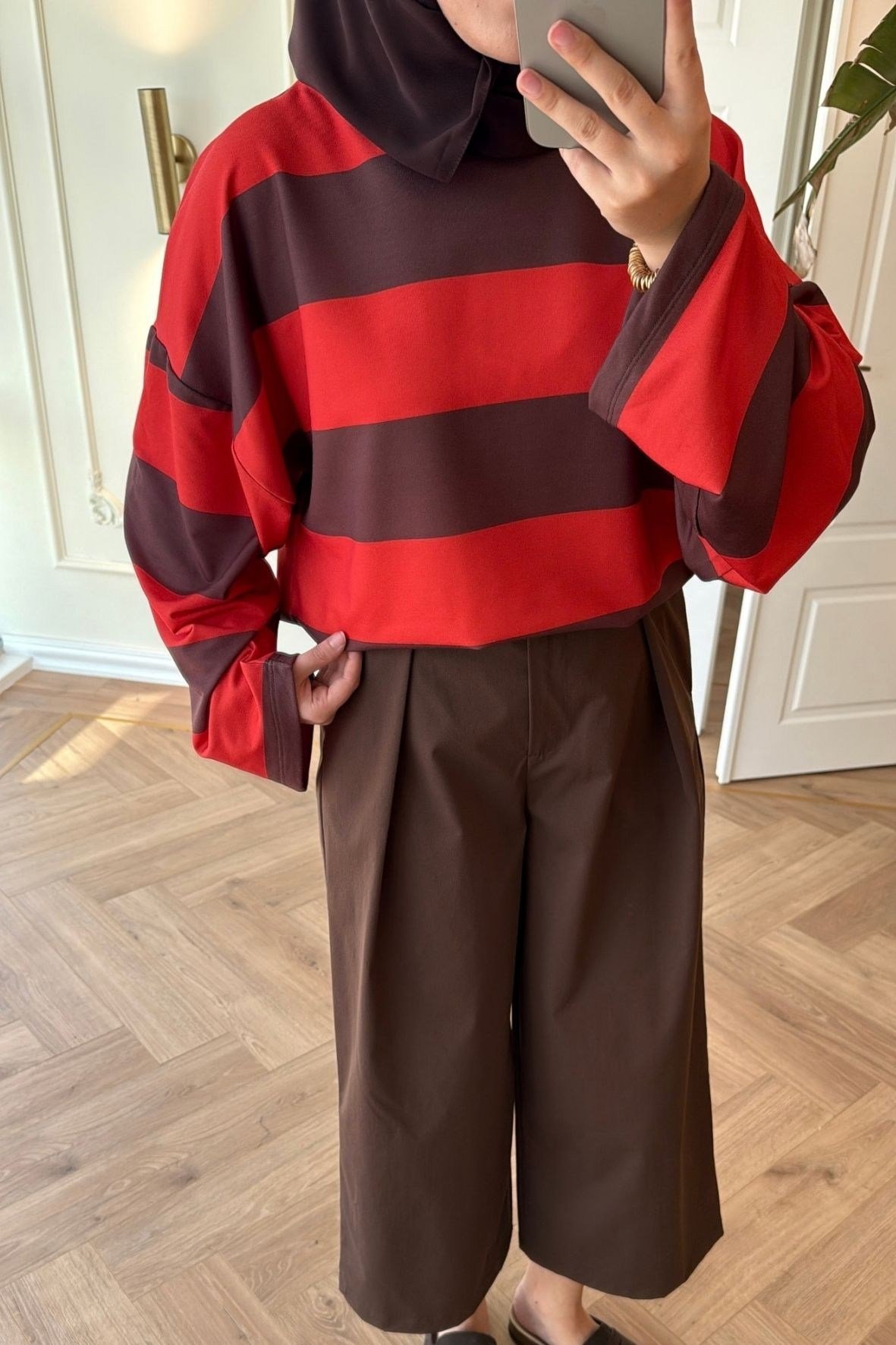 Nevra Çizgili Basic Sweatshirt-Kahve -5587