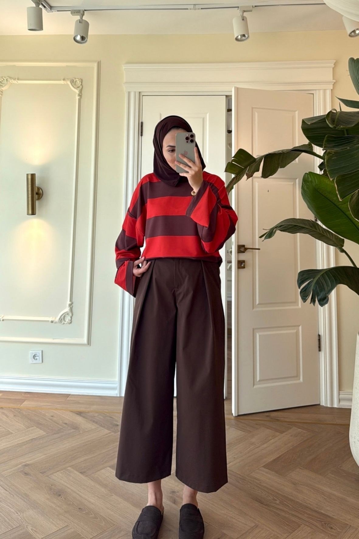 Nevra Çizgili Basic Sweatshirt-Kahve -5587