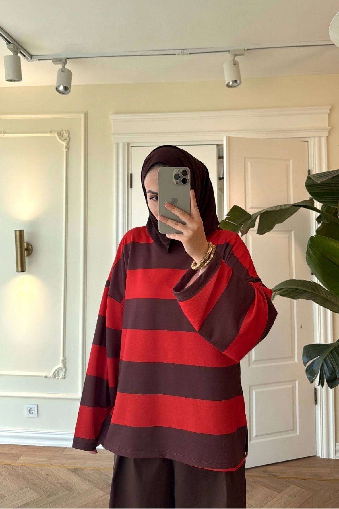 Nevra Çizgili Basic Sweatshirt-Kahve -5587