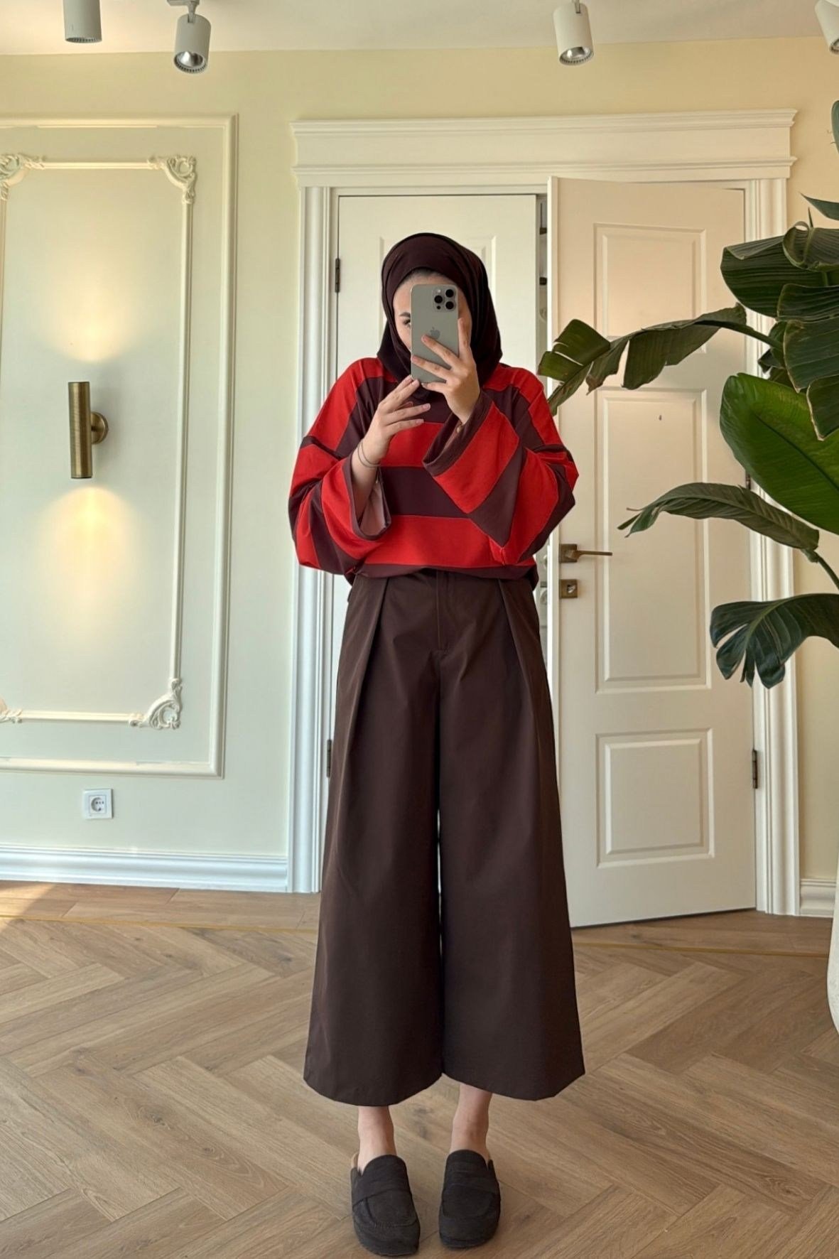 Nevra Çizgili Basic Sweatshirt-Kahve -5587