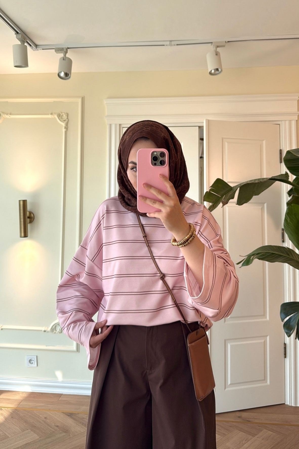 Nevra Çizgili Basic Sweatshirt-Pembe-5587