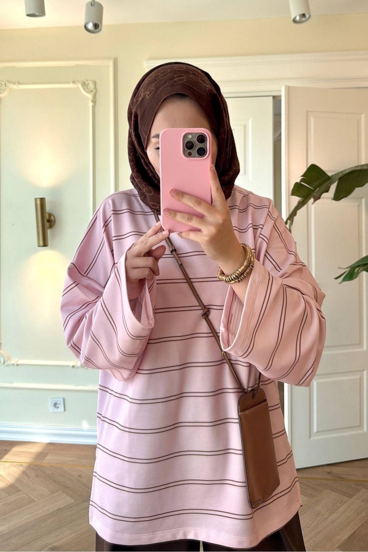 Nevra Çizgili Basic Sweatshirt-Pembe-5587