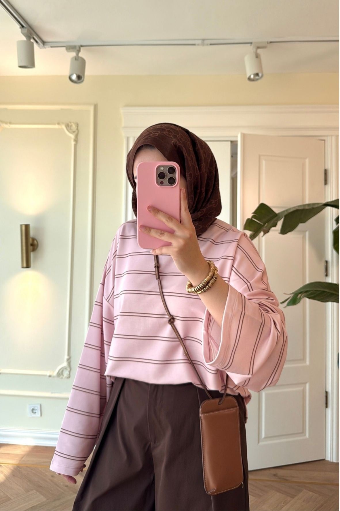 Nevra Çizgili Basic Sweatshirt-Pembe-5587