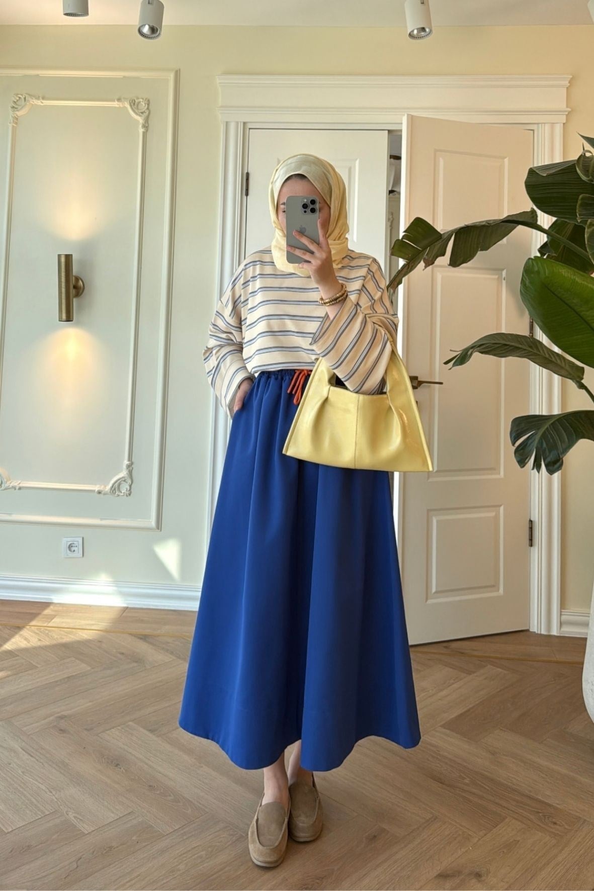 Nevra Çizgili Basic Sweatshirt-Sarı-5587