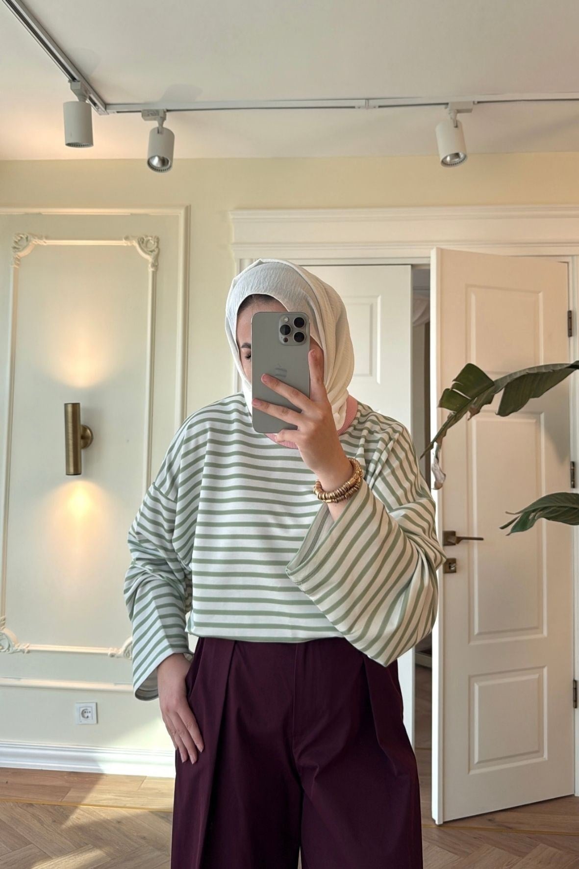 Nevra Çizgili Basic Sweatshirt-Yeşil-5587