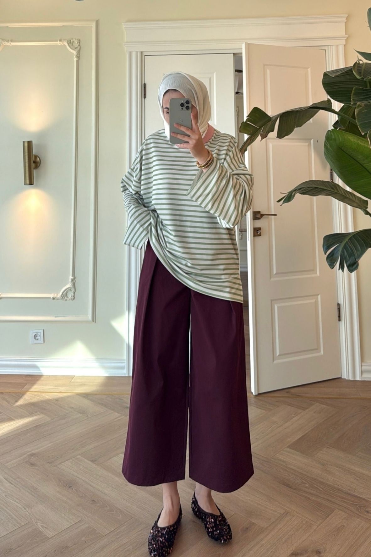 Nevra Çizgili Basic Sweatshirt-Yeşil-5587