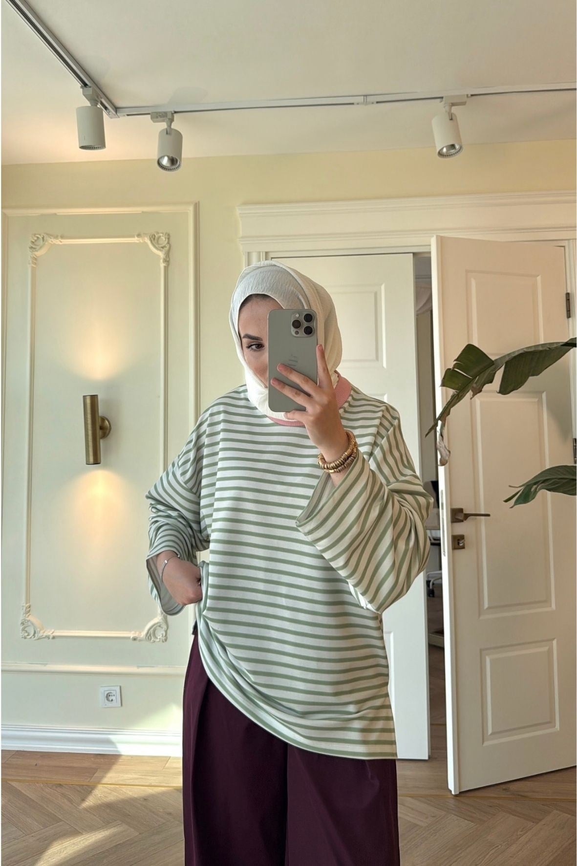 Nevra Çizgili Basic Sweatshirt-Yeşil-5587