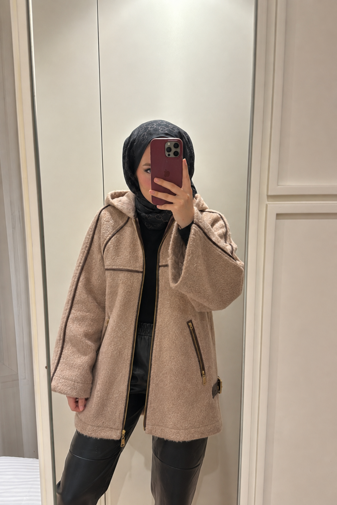 Nice Deri Biyeli Mont-Camel-51217