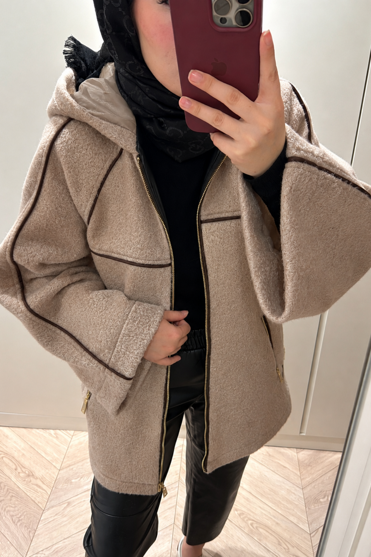 Nice Deri Biyeli Mont-Camel-51217