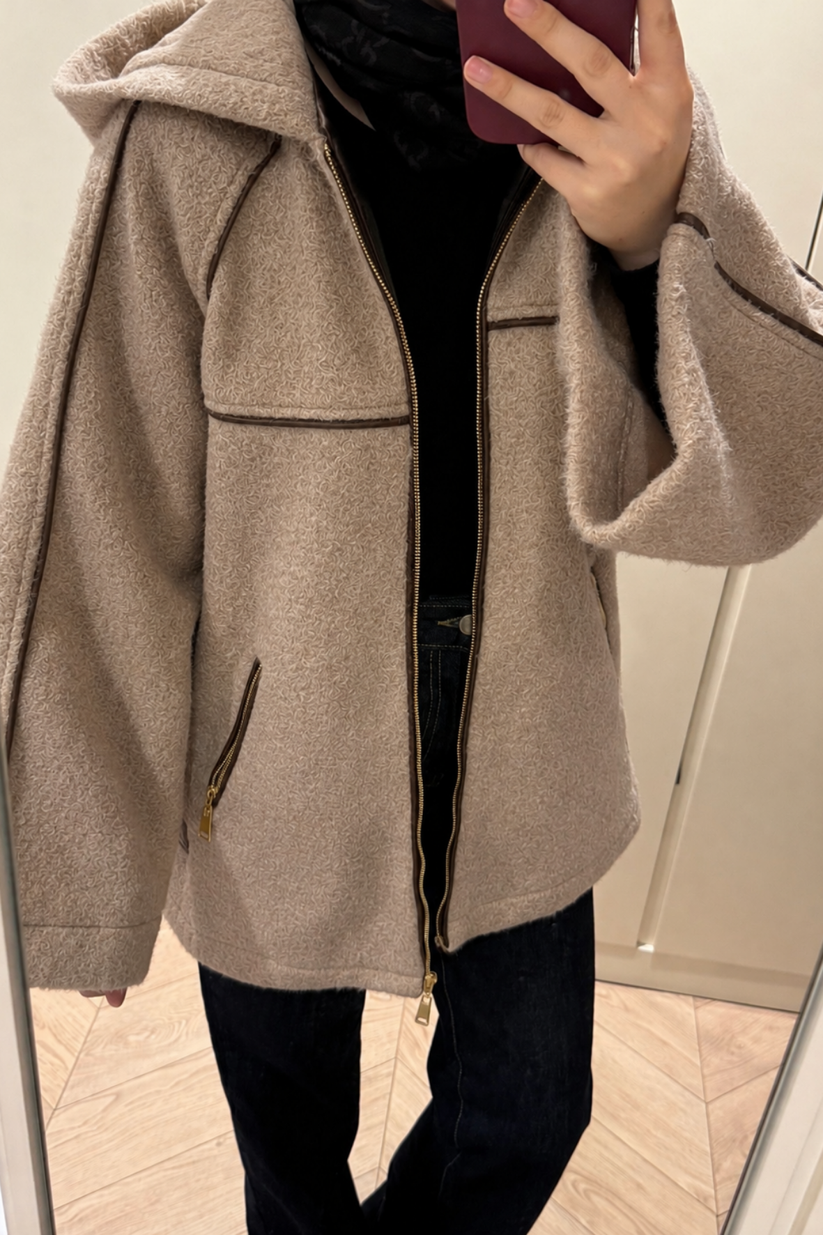 Nice Deri Biyeli Mont-Camel-51217