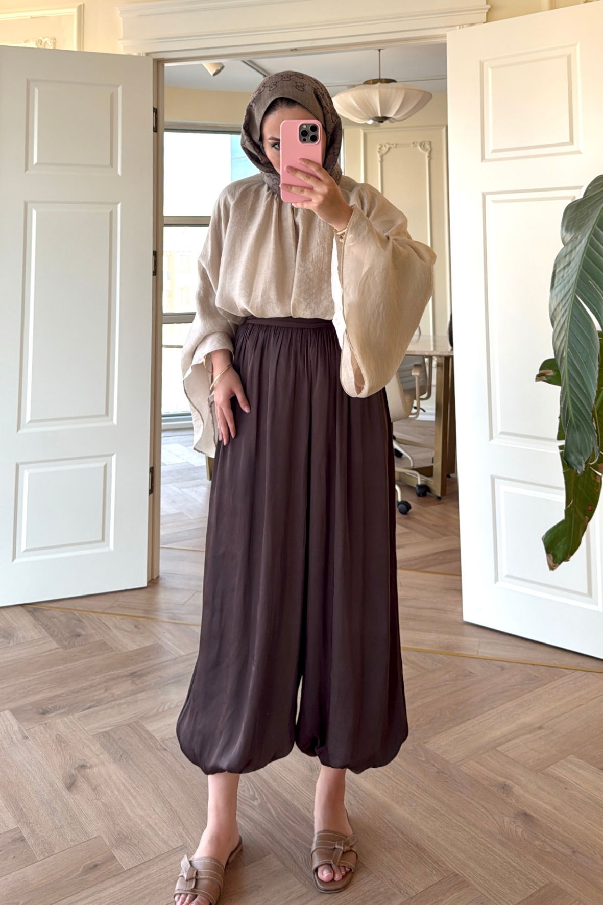 Pileli Saten Şalvar Pantolon - Acı Kahve-9976