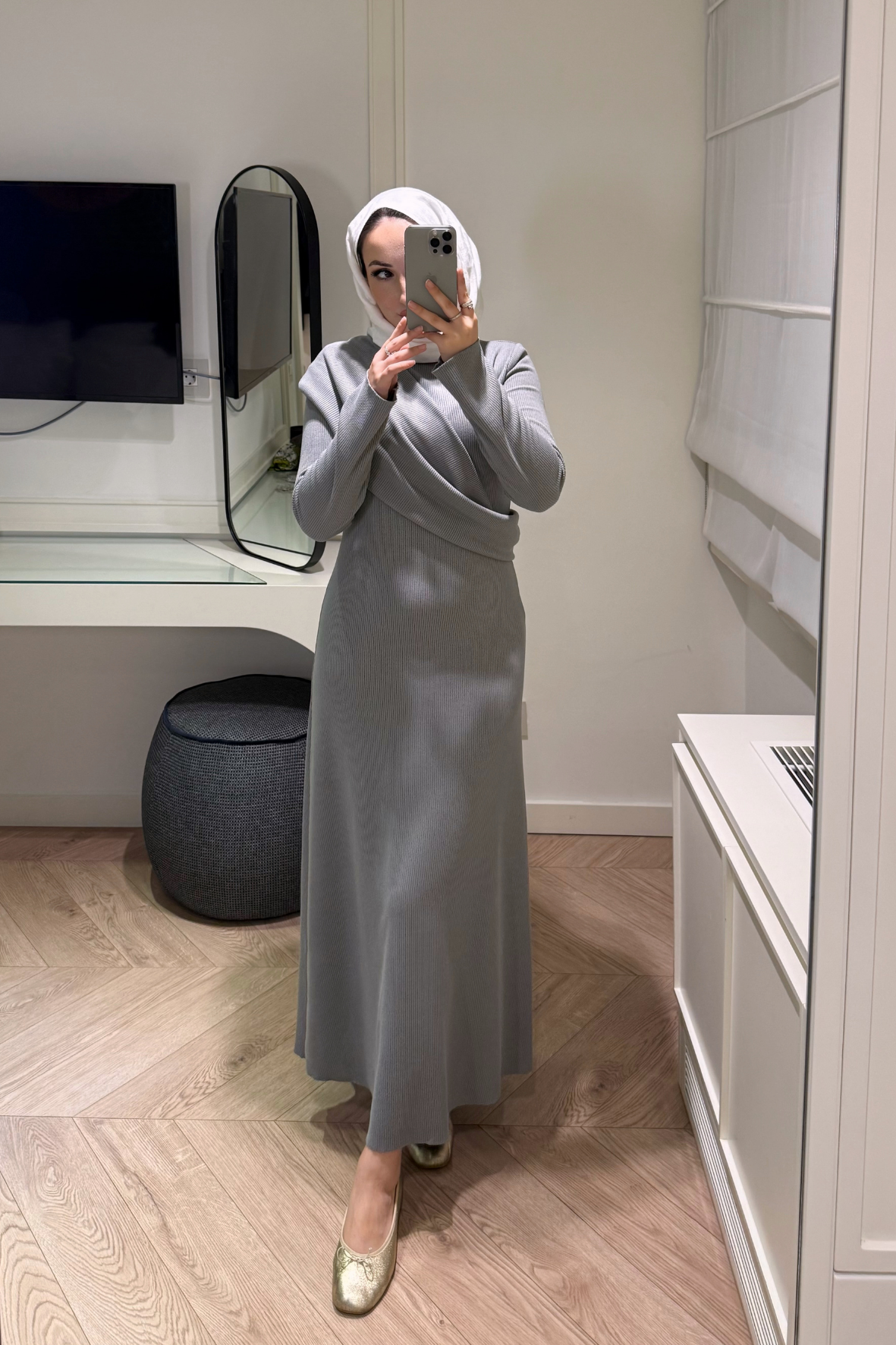 Premium Pelerin Triko Elbise-Gri-1665