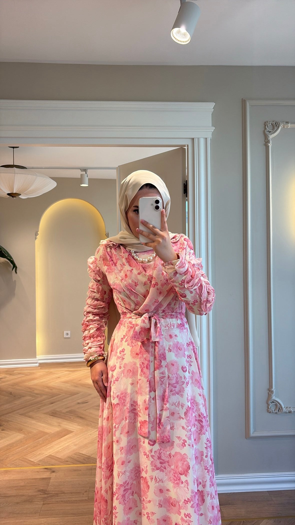Rewa Kolu Fırfırlı Çiçekli Şifon Elbise - Pembe -5291