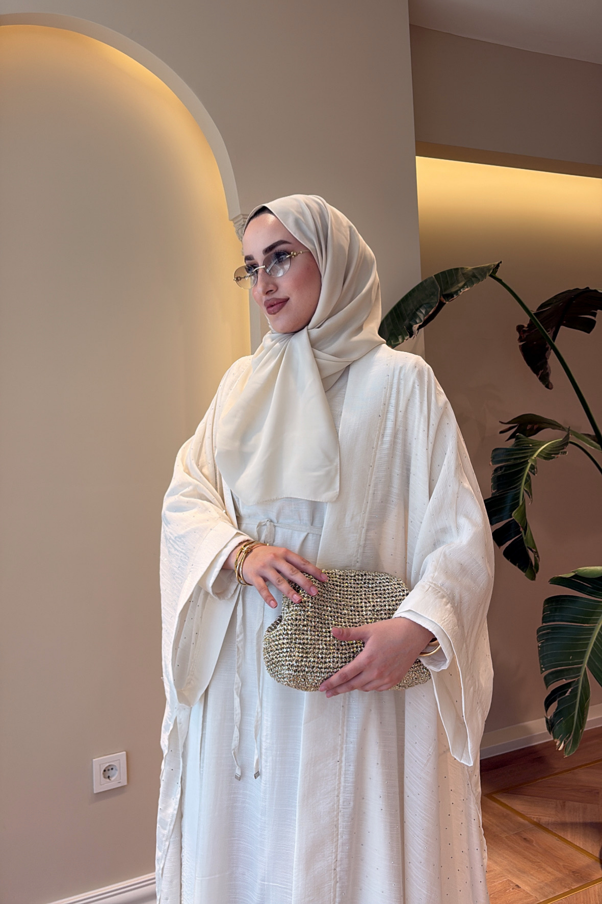 Royal Taşlı Abaya Takım - Ekru-6438