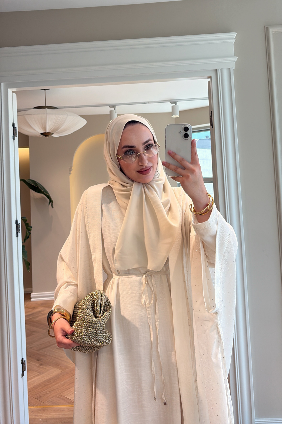 Royal Taşlı Abaya Takım - Ekru-6438