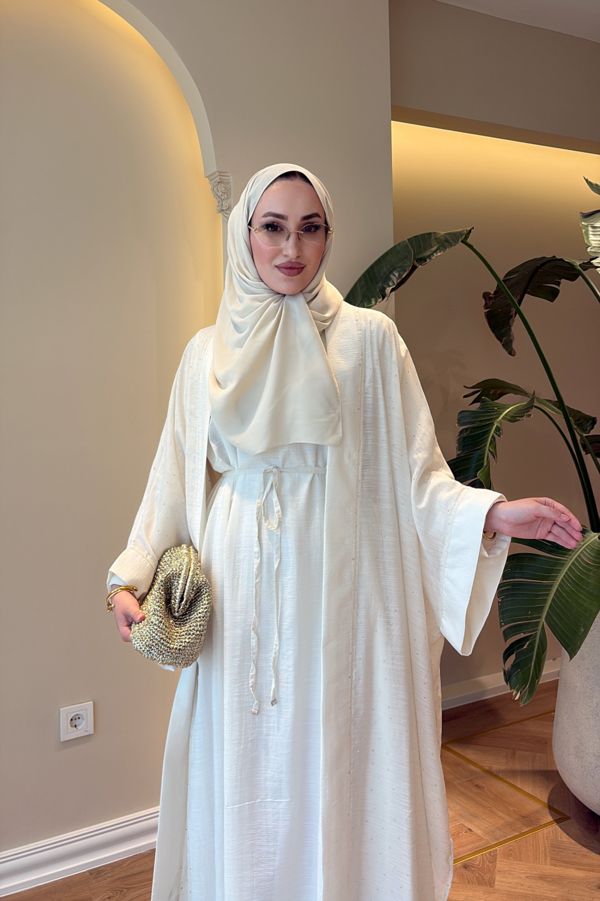 Royal Taşlı Abaya Takım - Ekru-6438
