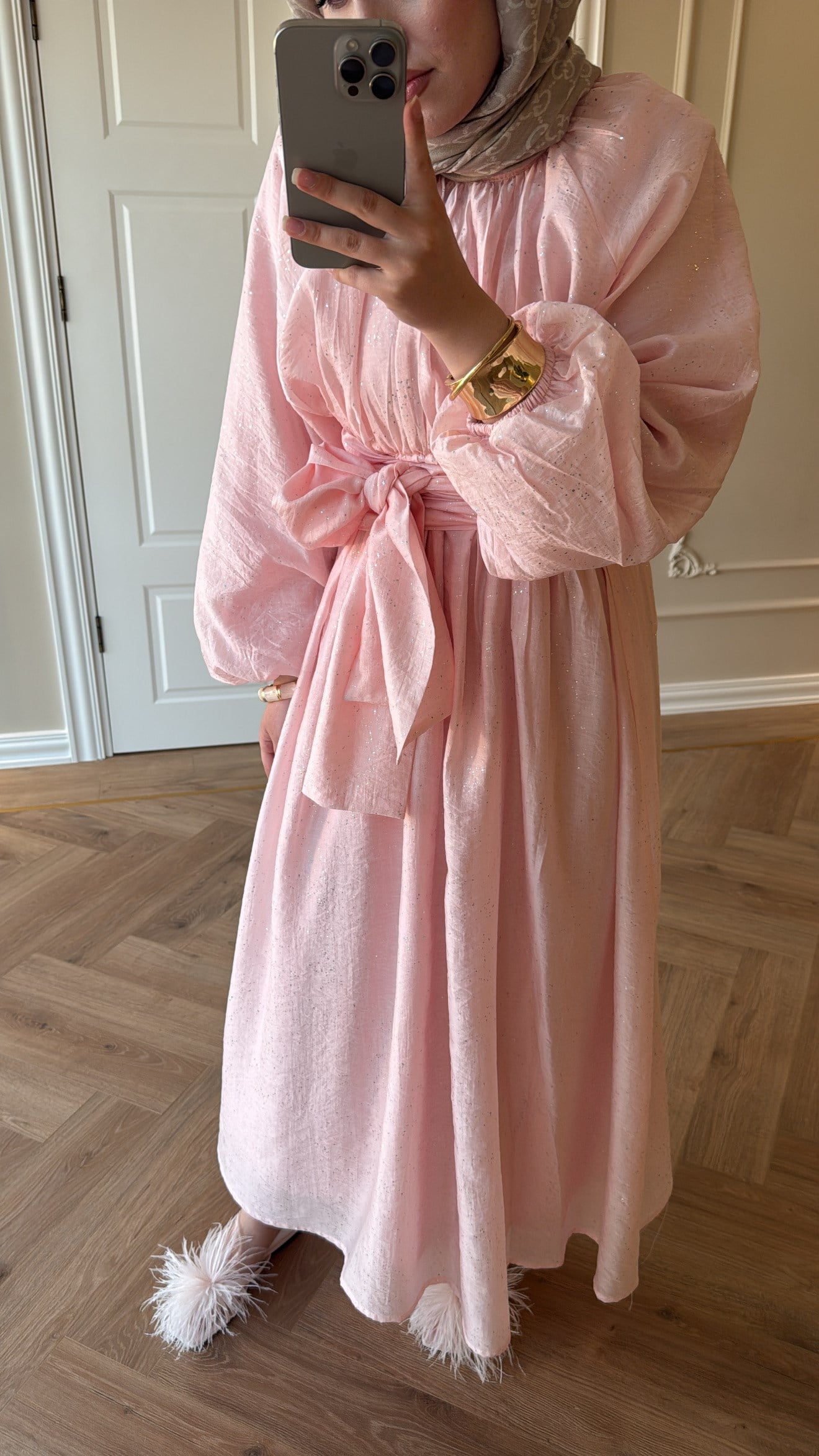 Simli Tül Tencel Elbise Pembe -2165