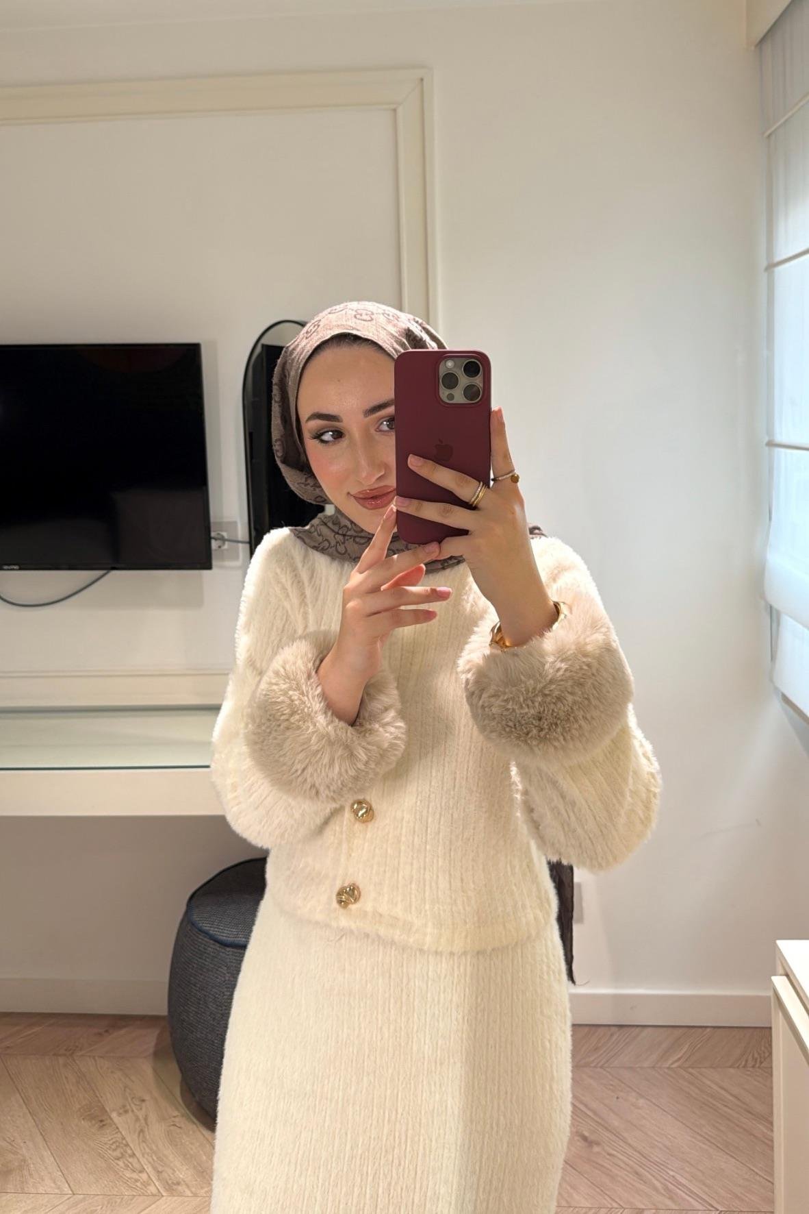 Triko Detay Kürklü Takım - Ekru-6970