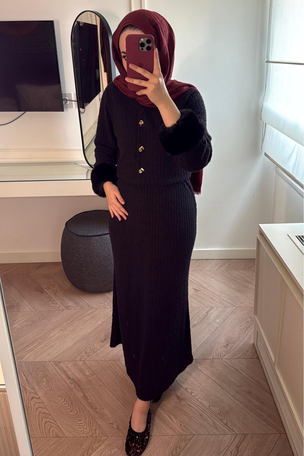 Triko Detay Kürklü Takım - Siyah-6970