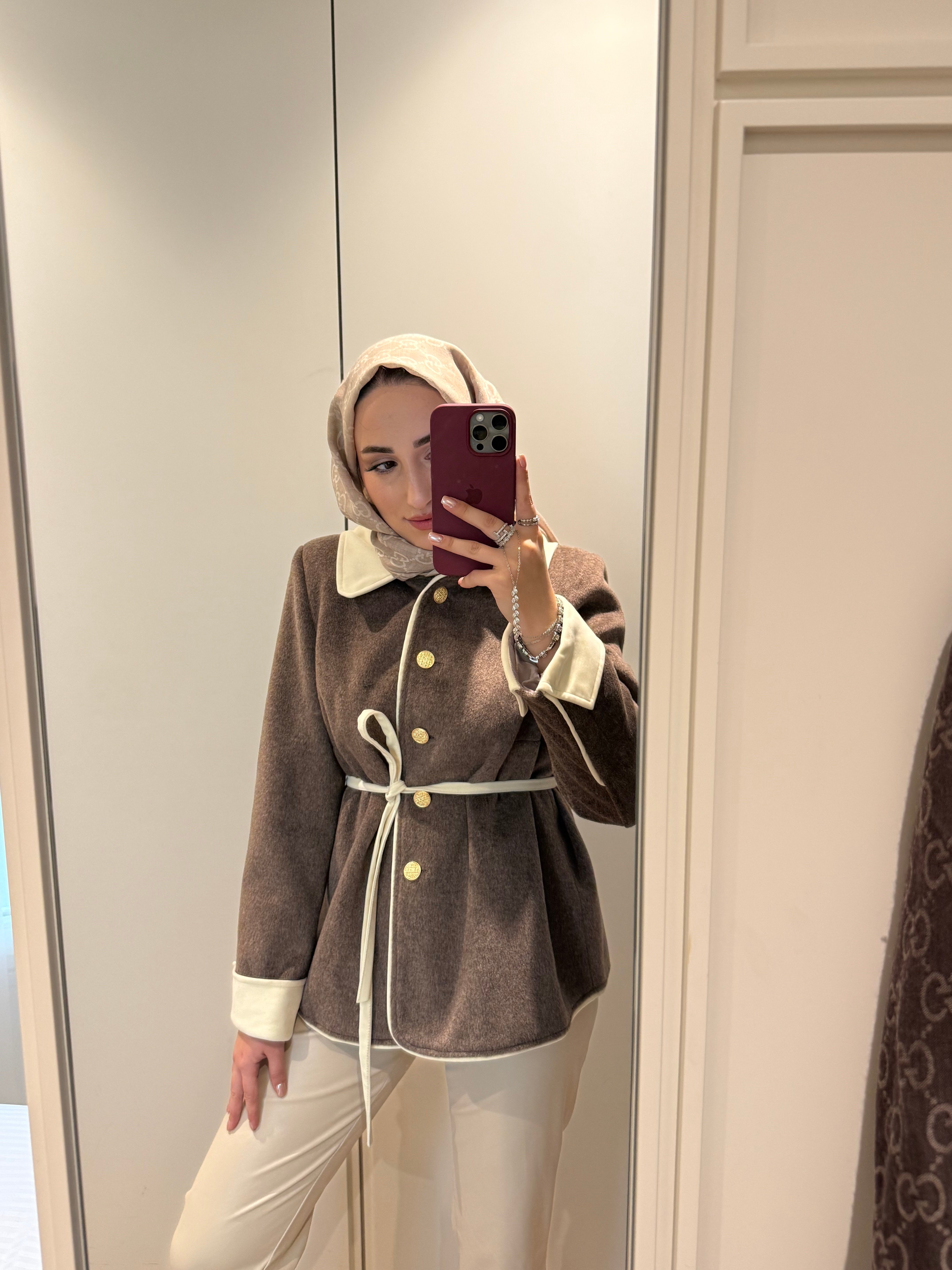 Velora Gold Düğmeli Kontrast Biyeli Ceket - Kahve-6046