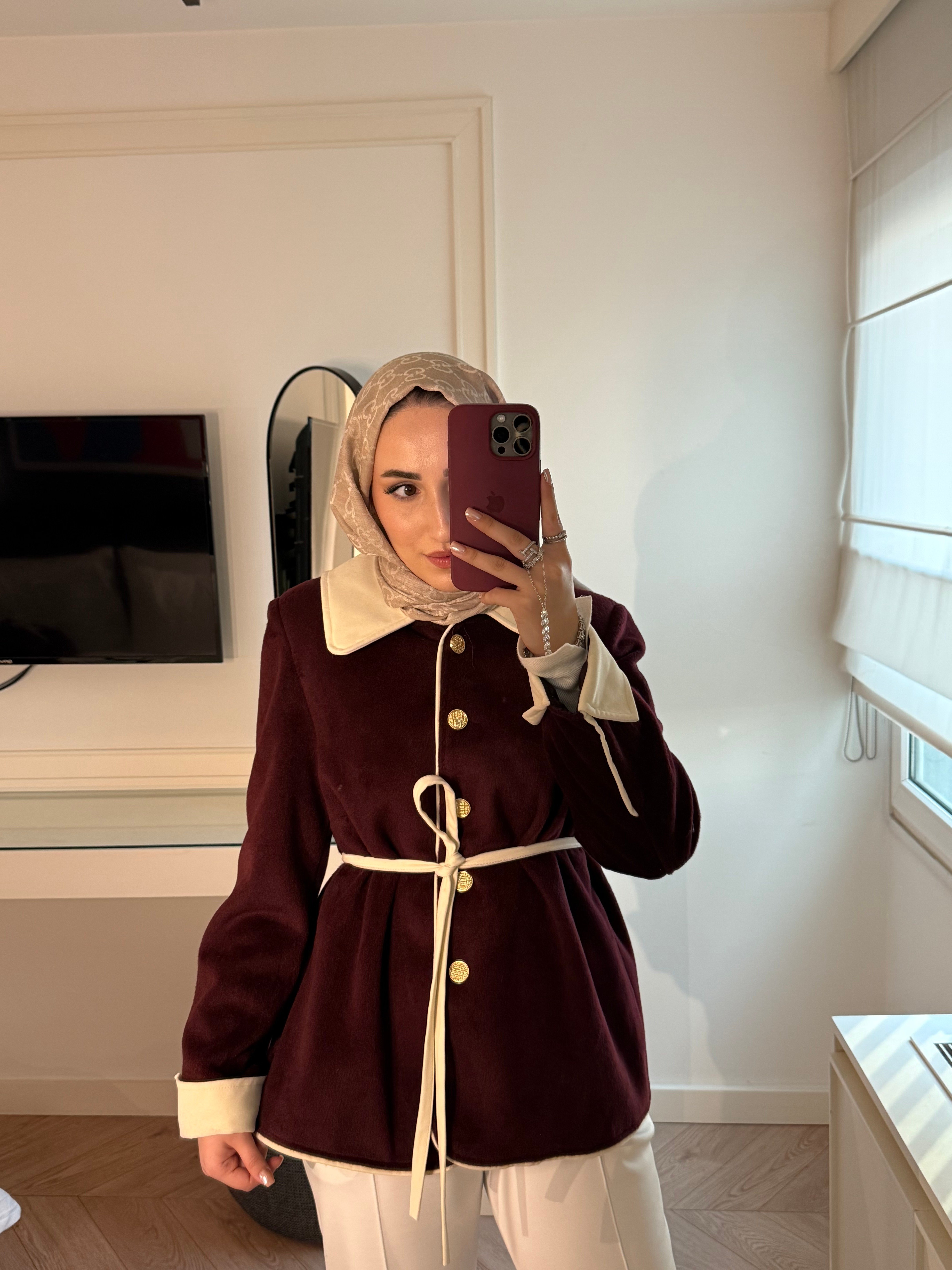 Velora Gold Düğmeli Kontrast Biyeli Ceket - Bordo -6046
