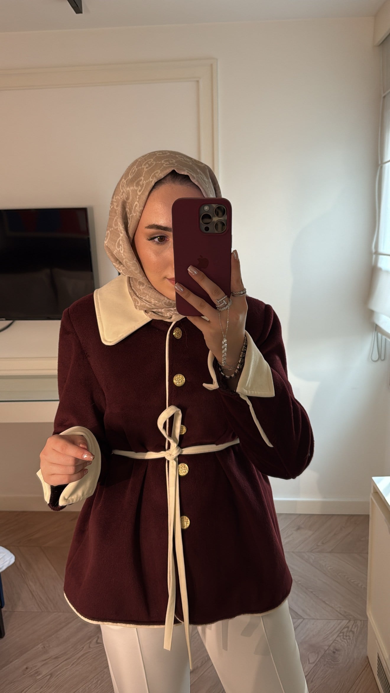 Velora Gold Düğmeli Kontrast Biyeli Ceket - Bordo -6046