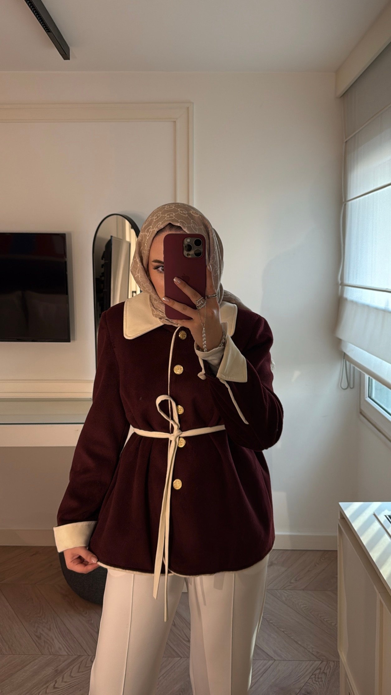 Velora Gold Düğmeli Kontrast Biyeli Ceket - Bordo -6046