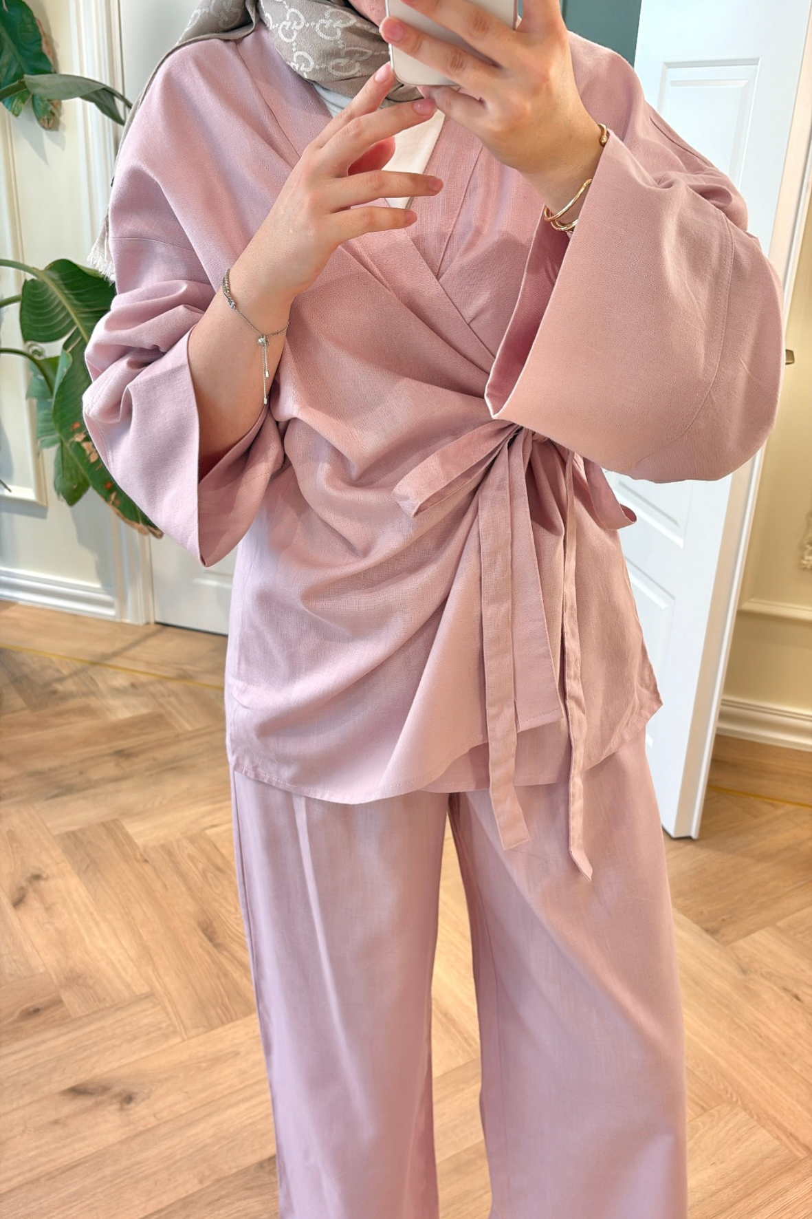 Yandan Bağlamalı Pantolonlu Takım - Pembe-4372