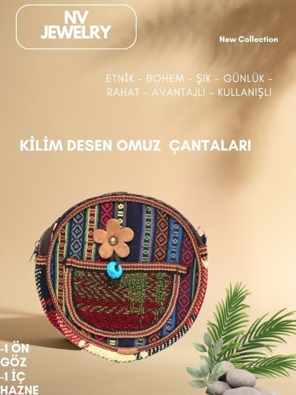 Kilim Desenli Çiçekli Yuvarlak Çanta