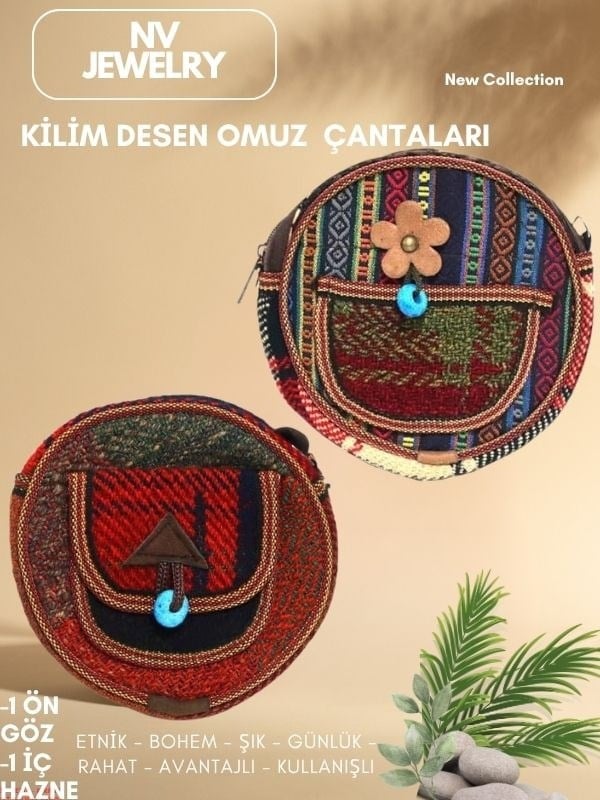 Kilim Desenli Çiçekli Yuvarlak Çanta