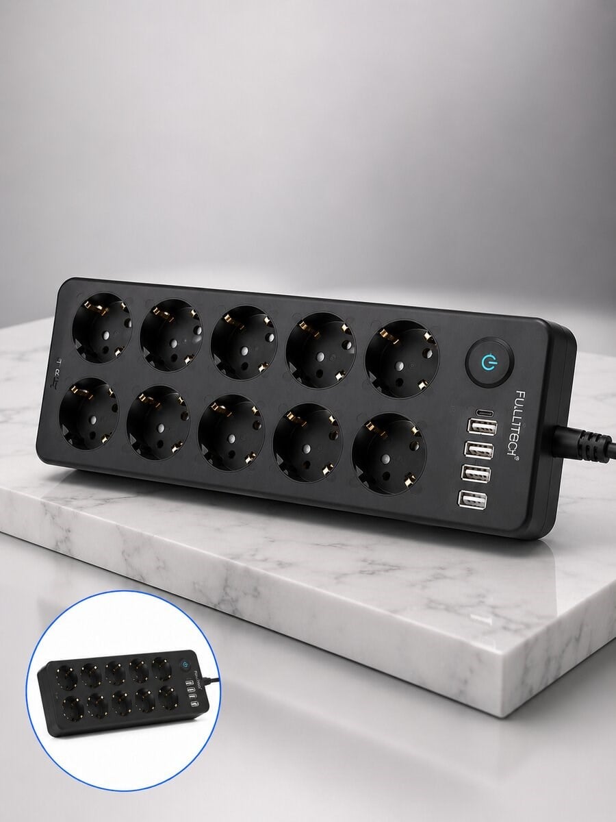 10 Prizli USB Destekli Çoklu Priz Type-C Şarj Girişli Güvenli Güç Ünitesi