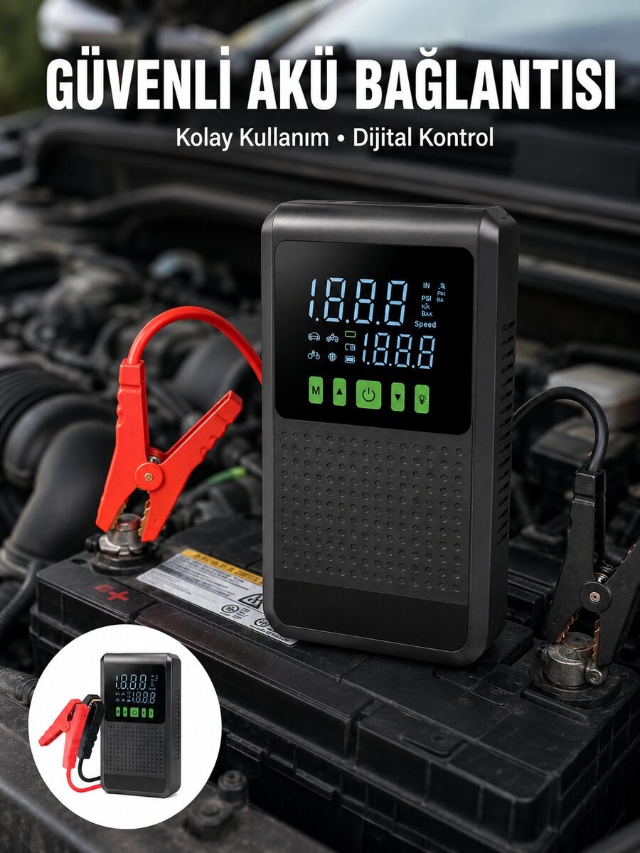 12.000 mAh Şarjlı Araç Akü Takviye ve Işıklı Hava Kompresörü Yeni Nesil