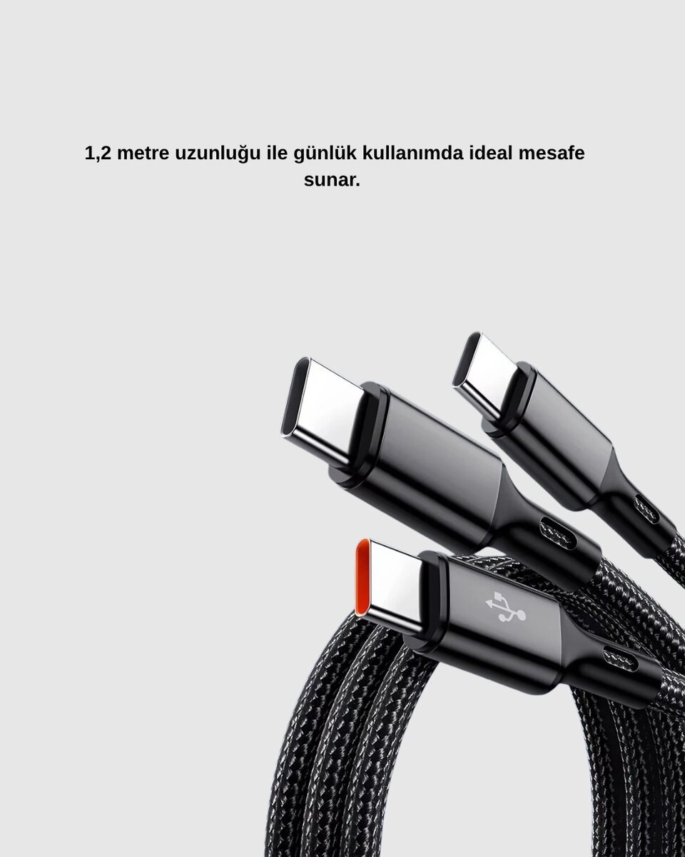 3 Başlıklı Hızlı Şarj Kablosu Metal Alaşımlı Dayanıklı ve Akıllı Çipli
