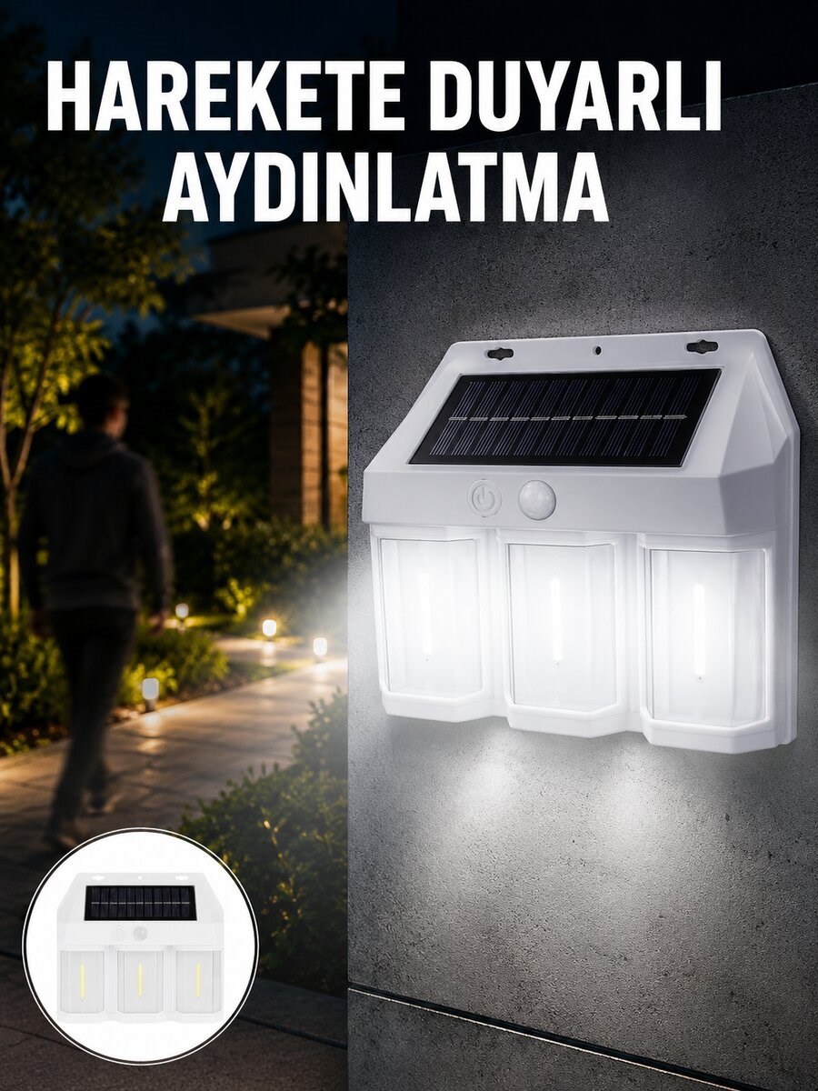 3 in 1 Solar Duvar Lambası – IP65 Su Geçirmez, Hareket Sensörlü Yeni Nesil