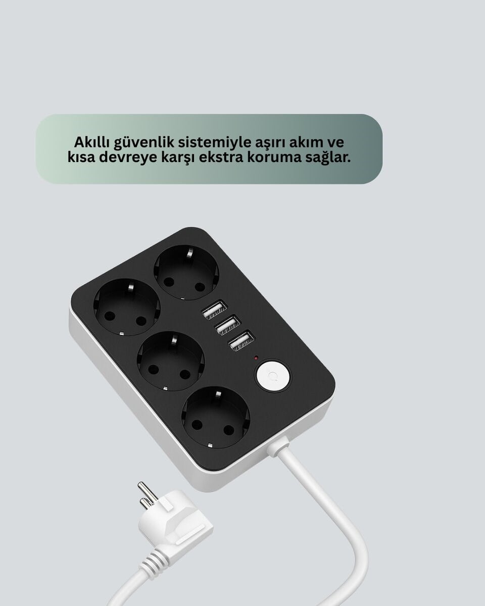 3 USB Çıkışlı 4’lü Akıllı Priz 2500W 2 Metre Kablo