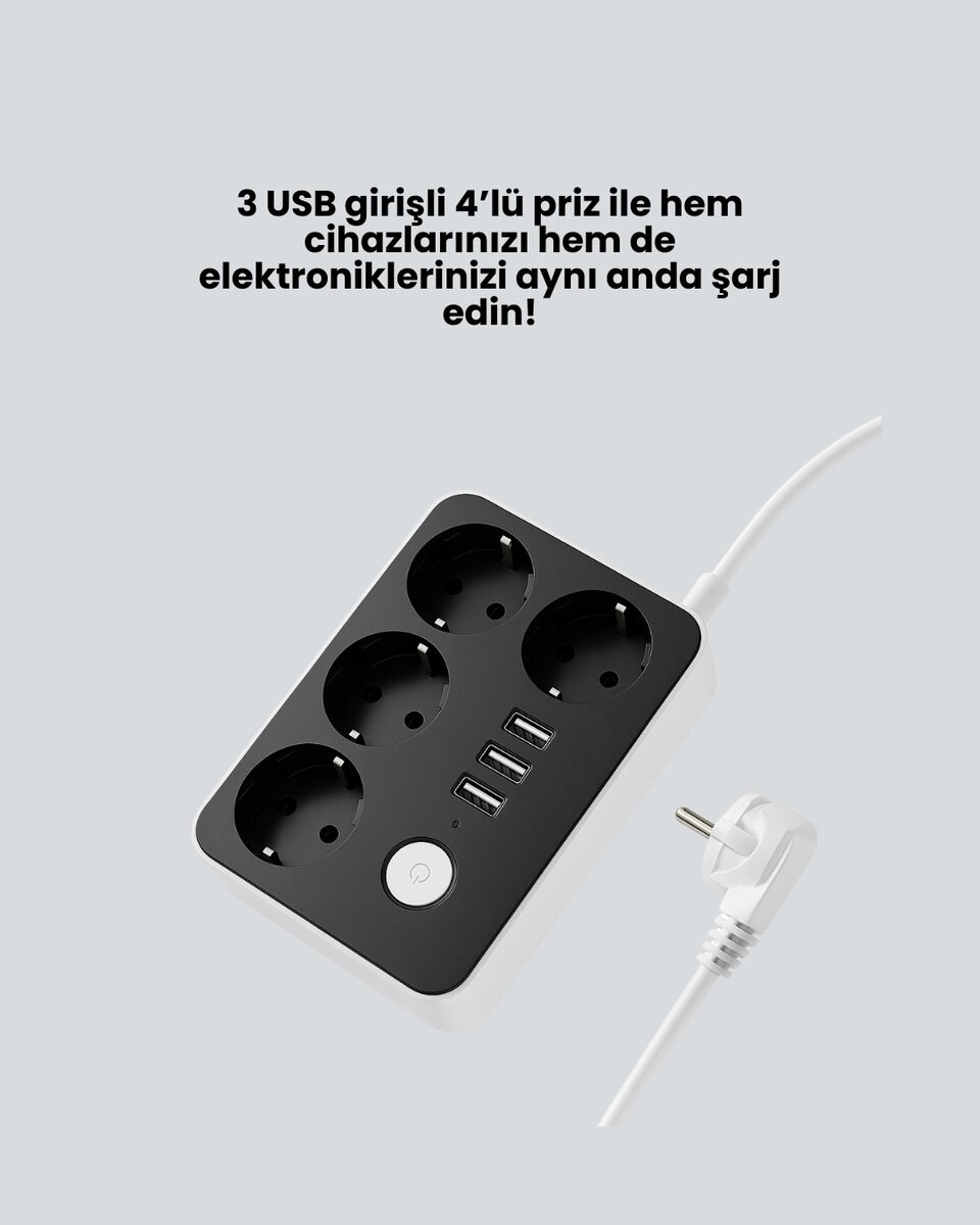 4.1A Hızlı Şarjlı Akım Korumalı 4 Priz ve 3 USB Çıkışlı Priz