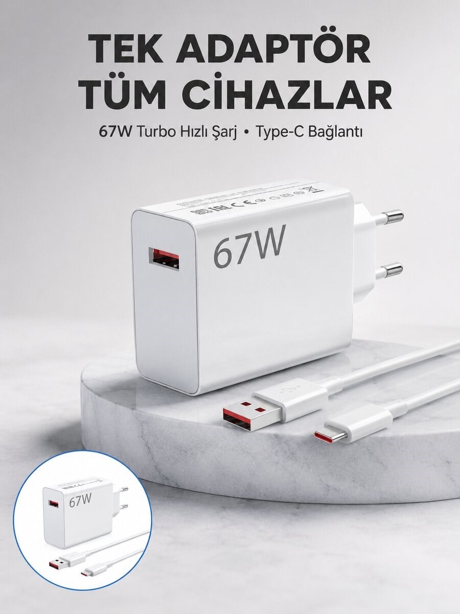 67 Watt Güvenli Hızlı Şarj Adaptörü Samsung M31 M33 M51 Uyumlu Yeni Nesil