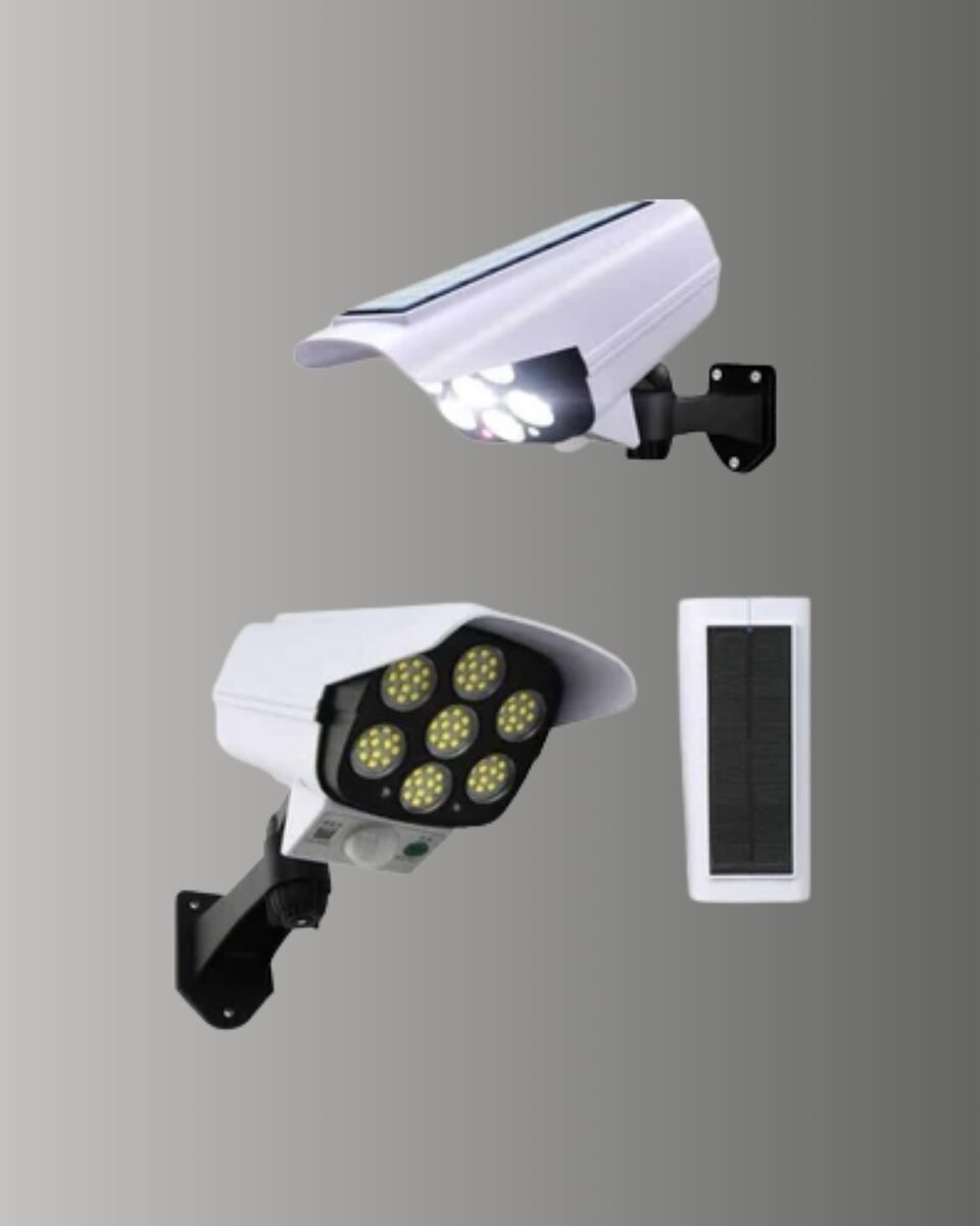 77 LED'li Güneş Enerjili Güvenlik Lambası ve Kukla Kamera – Hareket Sensörlü, 2400mAh Pilli