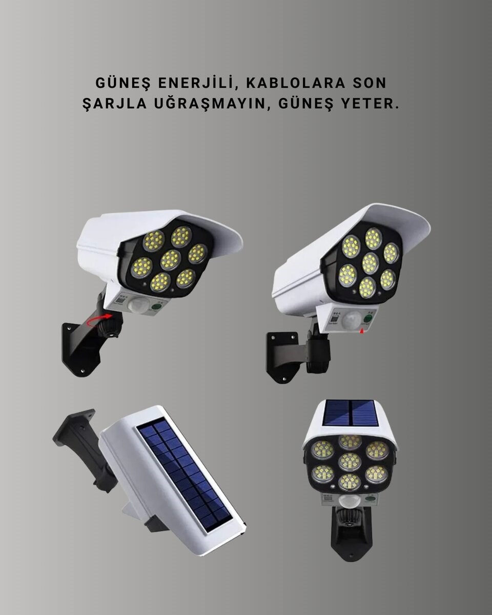 77 LED'li Güneş Enerjili Güvenlik Lambası ve Kukla Kamera – Hareket Sensörlü, 2400mAh Pilli