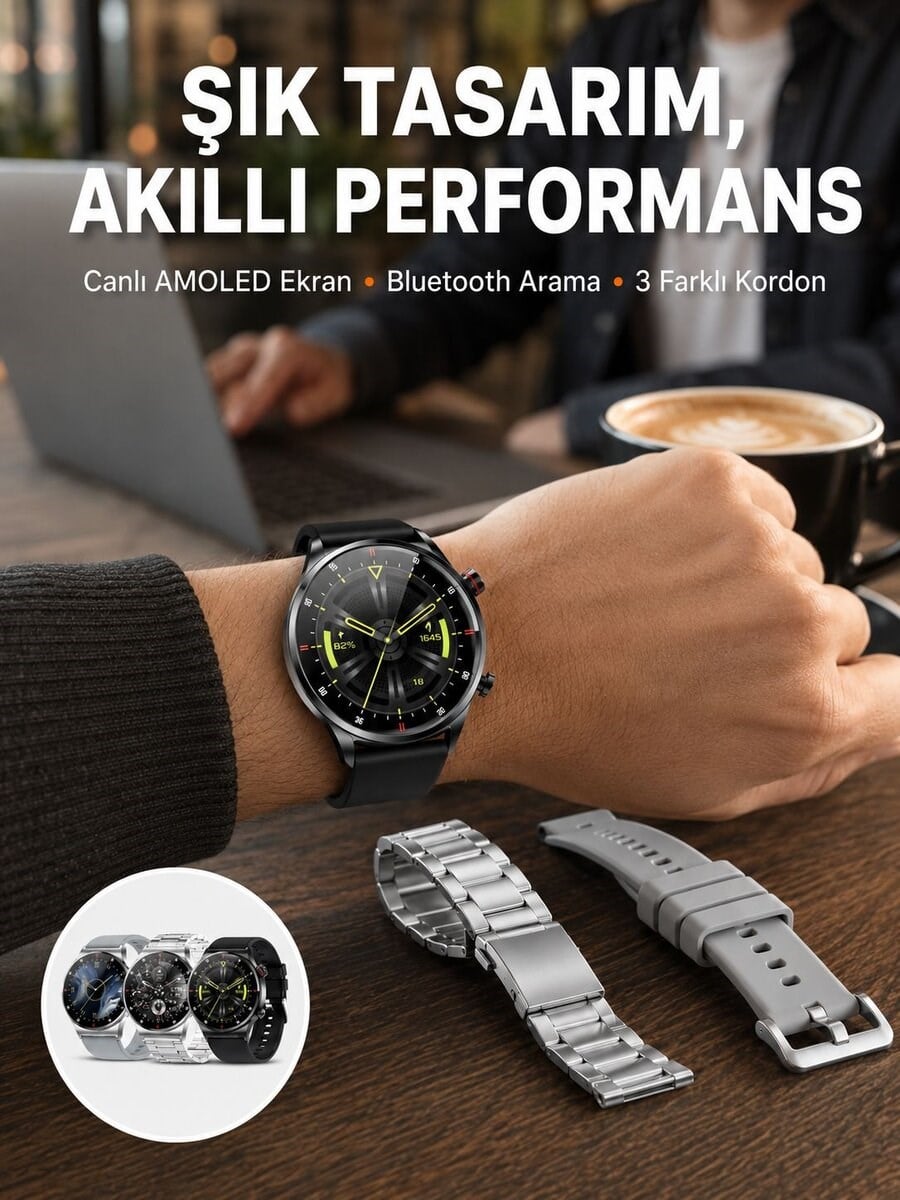 Akıllı Saat Çoklu Kordon Seçeneği Amoled Ekran Çok Fonksiyonlu Bluetooth Bağlantılı Yeni Nesil